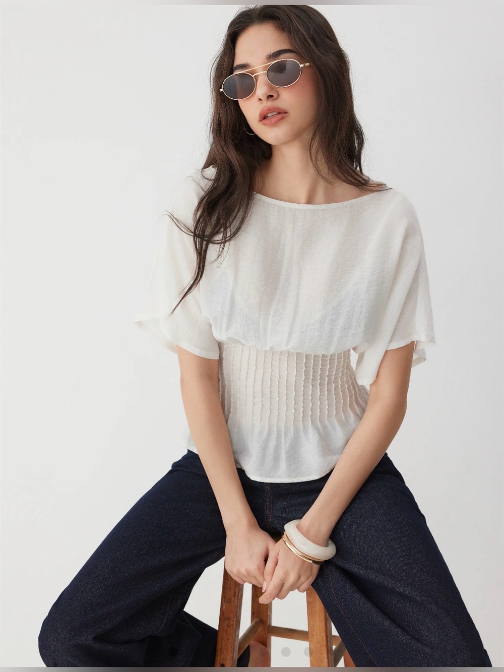 NWT CIDER LINEN-BLEND BOAT NECK RUCHED BATWING SLEEVE BLOUSE- XS